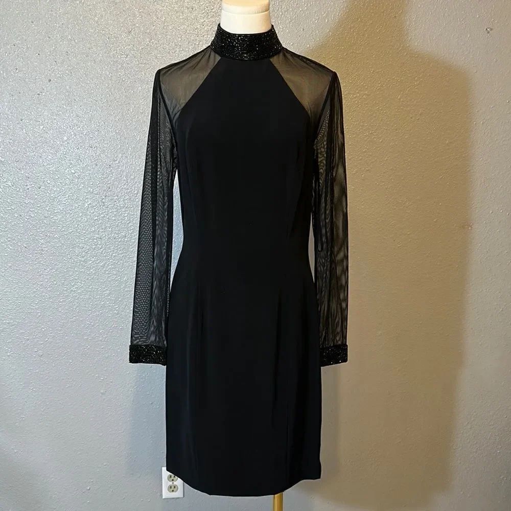 Vintage Oleg Cassini black Tie Elegant Black Dress with Sheer Sleeves size 8